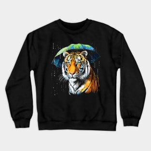 Siberian Tiger Rainy Day With Umbrella Crewneck Sweatshirt